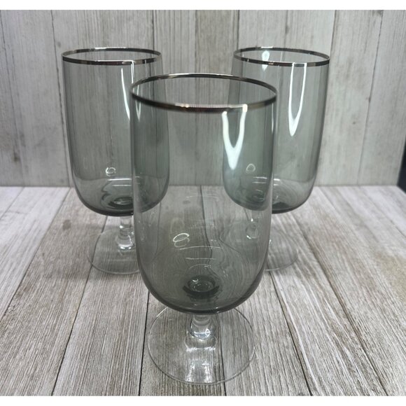 Vintage Fostoria Cherish Water Goblets Smoke Gray Platinum Trim 6.5" - Set of 3 - Picture 2 of 7